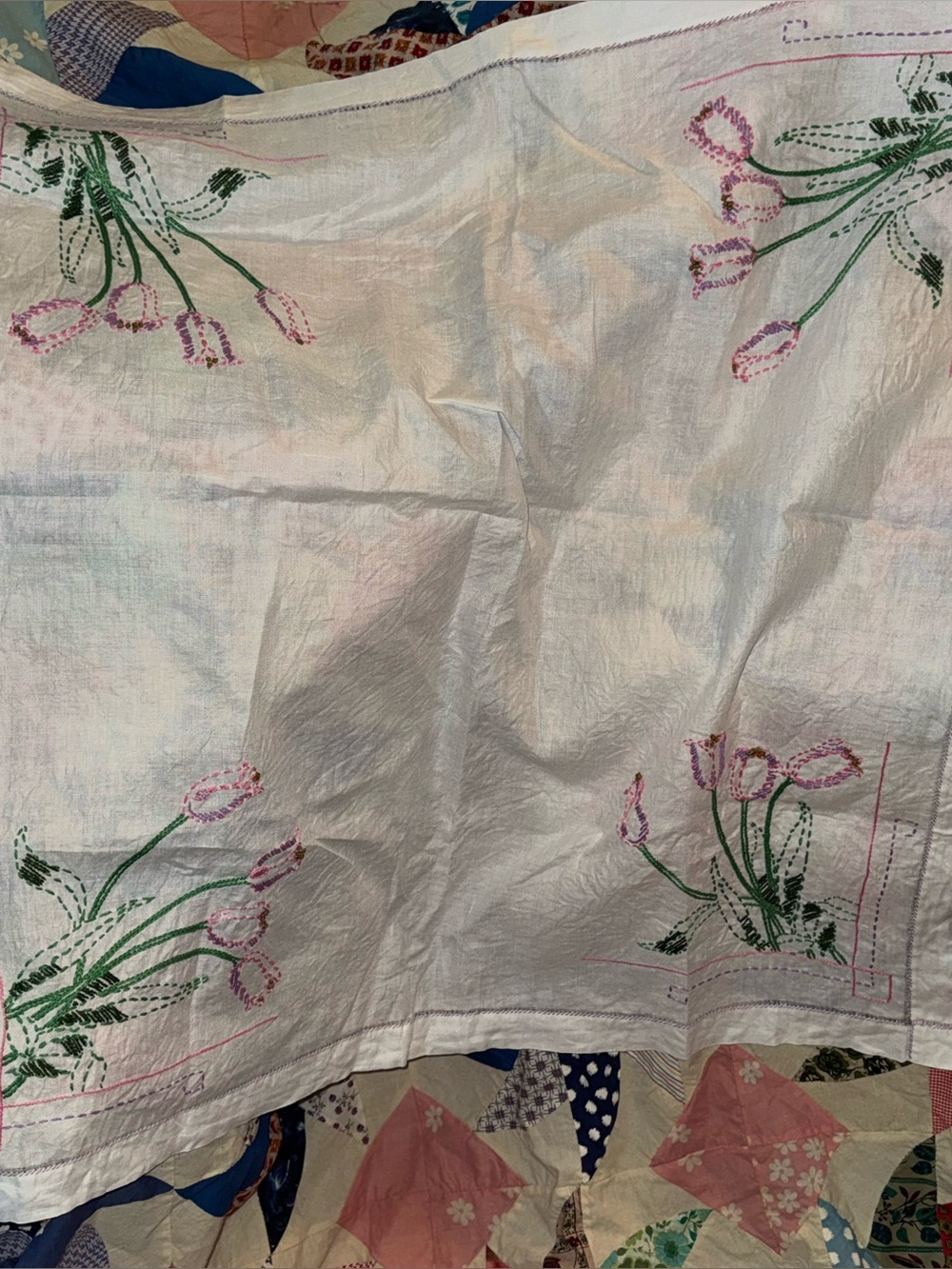 Hand-Embroidered Tulip Tablecloth - White with Pink, Purple & Green